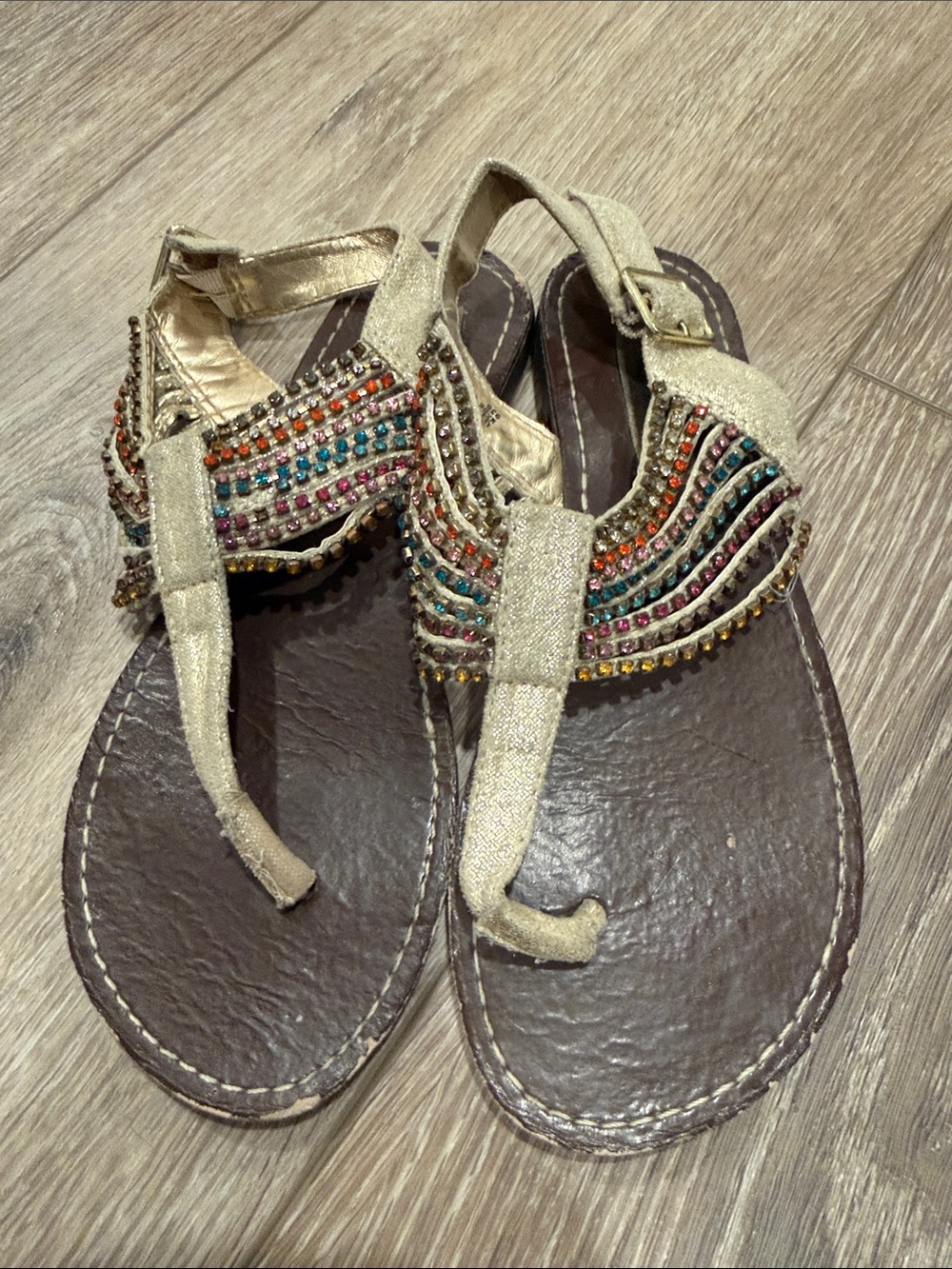 Steve Madden Gold T-Strap Sandals with Multicolor Beads
